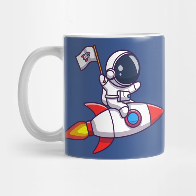 Cute Astronaut Riding Rocket And Holding Flag Cartoon by Catalyst Labs